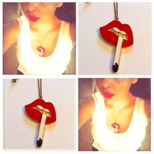 Red Lips & Cigarette Necklace, Gold Plated Chain, New